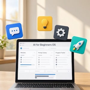 May include: A laptop screen displays the text AI for Beginners OS with sections for Modules, Prompt Library, and Progress Tracker. Floating above are four 3D icons: a blue speech bubble, a yellow lightbulb, a dark gray gear, and a teal rocket.