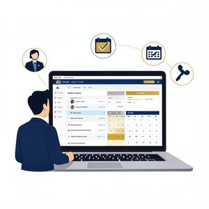 May include: A digital illustration of a person in a dark blue suit using a laptop displaying a software interface with a list of names and a calendar. Above the screen are circular icons showing a checkmark, a calendar, and a telephone handset.