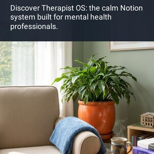 May include: A beige armchair with a blue textured throw blanket, a green plant in an orange pot, and a wooden side table holding a ceramic mug and books. Text reads: Focus On Clients, Not Paperwork. Discover Therapist OS: the calm Notion system built for mental health professionals.