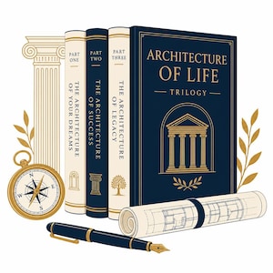 Puede incluir: Un conjunto de tres libros titulados Architecture of Life Trilogy con cubierta azul oscuro, una brújula dorada, una pluma estilográfica y un plano arquitectónico enrollado. Los libros presentan texto dorado e ilustraciones de templo, columna y árbol.