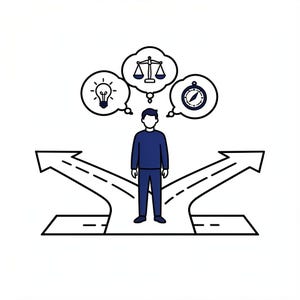 May include: A dark blue illustration of a person standing at a fork in the road. Above the person are three thought bubbles containing a light bulb, a set of scales, and a compass. The design uses clean black outlines on a white background.