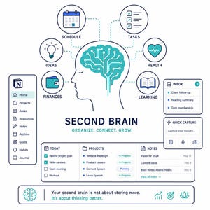 Puede incluir: Un diseño de panel digital titulado SECOND BRAIN ORGANIZE. CONNECT. GROW. con un icono central de cerebro color cerceta con líneas de circuito, rodeado de iconos para agenda, tareas, salud, aprendizaje, finanzas e ideas.
