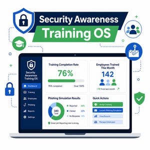 May include: A laptop screen displaying a Security Awareness Training OS dashboard with metrics including a 76% training completion rate, 142 employees trained this month, and a phishing simulation results chart showing reported, clicked, and no response data.