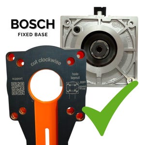 Puede incluir: Una base fija Bosch con una plantilla negra y naranja. La plantilla tiene las palabras "cut clockwise" y "hole layout" impresas. Un gran componente met&aacute;lico plateado est&aacute; en el fondo. Una marca de verificaci&oacute;n verde est&aacute; en la esquina inferior derecha.