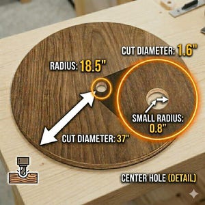 Puede incluir: Un c&iacute;rculo de madera con medidas. El radio es de 47 cm, el di&aacute;metro de corte es de 94 cm y un radio peque&ntilde;o de 2 cm. El di&aacute;metro de corte es de 4 cm. El orificio central est&aacute; detallado.