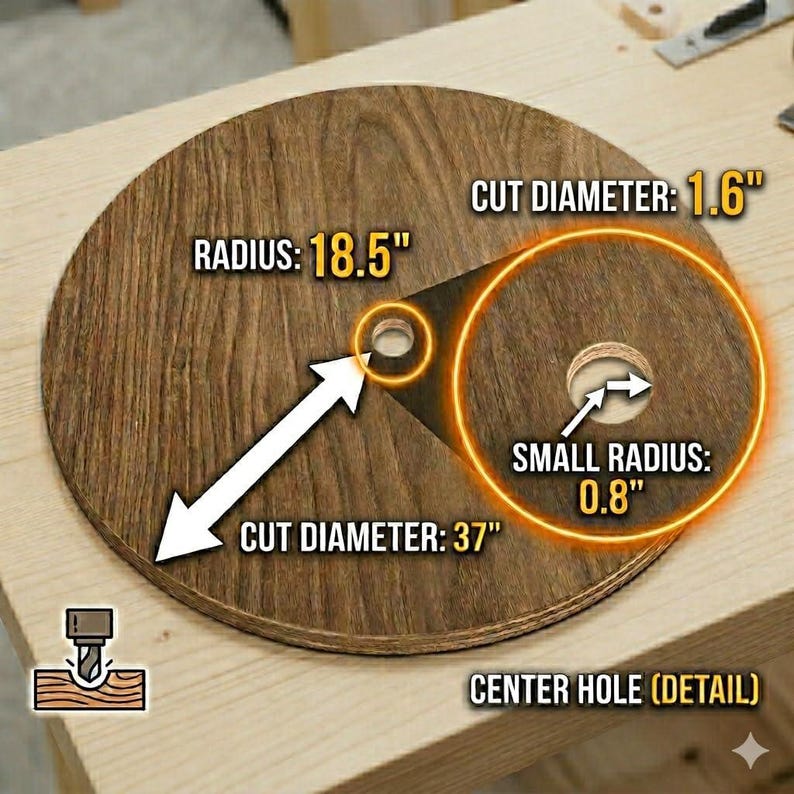 Puede incluir: Un c&iacute;rculo de madera con medidas. El radio es de 47 cm, el di&aacute;metro de corte es de 94 cm y un radio peque&ntilde;o de 2 cm. El di&aacute;metro de corte es de 4 cm. El orificio central est&aacute; detallado.