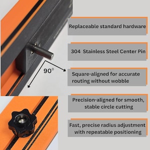 K&ouml;nnte beinhalten: Nahaufnahme eines schwarz-orangen Holzbearbeitungswerkzeugs. Es verf&uuml;gt &uuml;ber einen Mittelstift aus Edelstahl 304, austauschbare Hardware und eine quadratische Ausrichtung f&uuml;r pr&auml;zises Fr&auml;sen. Entwickelt f&uuml;r einen glatten, stabilen Kreisschnitt und schnelle Radiusverstellung.