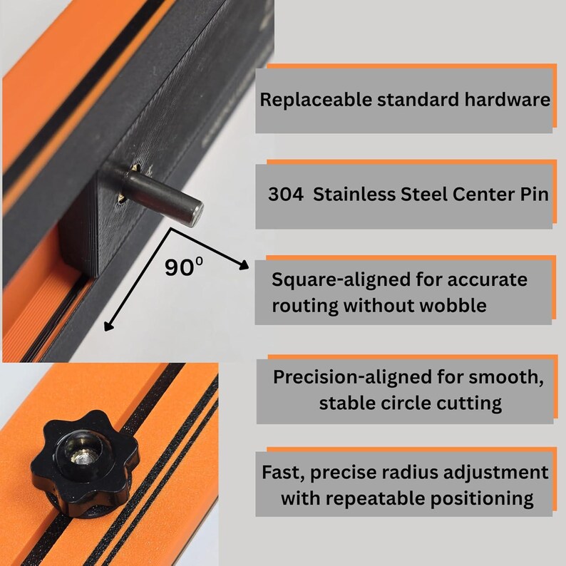 K&ouml;nnte beinhalten: Nahaufnahme eines schwarz-orangen Holzbearbeitungswerkzeugs. Es verf&uuml;gt &uuml;ber einen Mittelstift aus Edelstahl 304, austauschbare Hardware und eine quadratische Ausrichtung f&uuml;r pr&auml;zises Fr&auml;sen. Entwickelt f&uuml;r einen glatten, stabilen Kreisschnitt und schnelle Radiusverstellung.