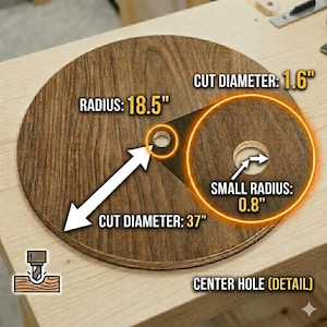K&ouml;nnte beinhalten: Ein Holzkreis mit Ma&szlig;en. Der Radius betr&auml;gt 47 cm, der Schnittdurchmesser 94 cm und ein kleiner Radius von 2 cm. Der Schnittdurchmesser betr&auml;gt 4 cm. Das Mittelloch ist detailliert.