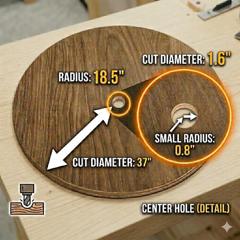 K&ouml;nnte beinhalten: Ein Holzkreis mit Ma&szlig;en. Der Radius betr&auml;gt 47 cm, der Schnittdurchmesser 94 cm und ein kleiner Radius von 2 cm. Der Schnittdurchmesser betr&auml;gt 4 cm. Das Mittelloch ist detailliert.