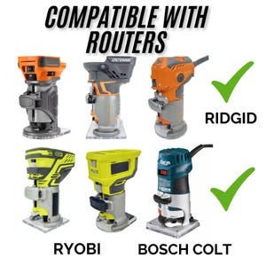 Puede incluir: Imagen que muestra seis fresadoras de diferentes colores, incluyendo naranja, gris, amarillo y turquesa. El texto "COMPATIBLE WITH ROUTERS" est&aacute; en la parte superior. Las marcas RIDGID, RYOBI y BOSCH COLT est&aacute;n listadas debajo, con marcas de verificaci&oacute;n junto a RIDGID y BOSCH COLT.