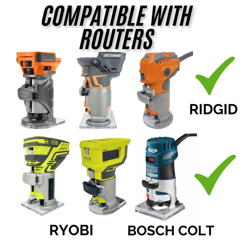 Puede incluir: Imagen que muestra seis fresadoras de diferentes colores, incluyendo naranja, gris, amarillo y turquesa. El texto "COMPATIBLE WITH ROUTERS" est&aacute; en la parte superior. Las marcas RIDGID, RYOBI y BOSCH COLT est&aacute;n listadas debajo, con marcas de verificaci&oacute;n junto a RIDGID y BOSCH COLT.
