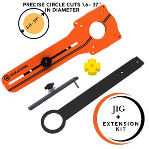 Puede incluir: Una plantilla de corte circular ROKATONG naranja con detalles negros, dise&ntilde;ada para cortes precisos de 4,1 a 94 cm de di&aacute;metro. Incluye un kit de extensi&oacute;n negro y un componente amarillo.