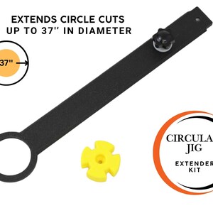 K&ouml;nnte beinhalten: Schwarzes Kreisschablonen-Verl&auml;ngerungs-Kit. Das Kit erweitert Kreisschnitte bis zu 94 cm Durchmesser. Enth&auml;lt einen schwarzen Metallarm mit kreisf&ouml;rmigem Ende, ein gelbes Kunststoffteil und einen schwarzen Knopf.