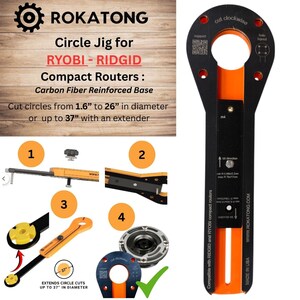 K&ouml;nnte beinhalten: Schwarze und orangefarbene Kreisschablone f&uuml;r RYOBI- und RIDGID-Kompaktfr&auml;ser. Die Schablone besteht aus Kohlefaser und kann Kreise von 4,06 cm bis 66,04 cm Durchmesser oder bis zu 93,98 cm mit einer Verl&auml;ngerung schneiden. Der Text "ROKATONG" steht oben.