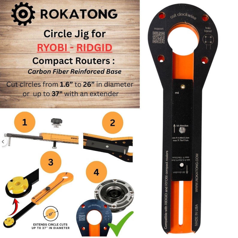 K&ouml;nnte beinhalten: Schwarze und orangefarbene Kreisschablone f&uuml;r RYOBI- und RIDGID-Kompaktfr&auml;ser. Die Schablone besteht aus Kohlefaser und kann Kreise von 4,06 cm bis 66,04 cm Durchmesser oder bis zu 93,98 cm mit einer Verl&auml;ngerung schneiden. Der Text "ROKATONG" steht oben.