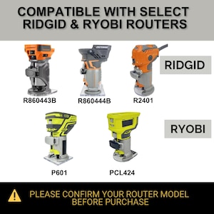 K&ouml;nnte beinhalten: Das Bild zeigt verschiedene Oberfr&auml;sermodelle von RIDGID und RYOBI, darunter R860443B, R860444B, R2401, P601 und PCL424. Der Text oben lautet "KOMPATIBEL MIT AUSGEW&Auml;HLTEN RIDGID & RYOBI FR&Auml;SEN". Ein Hinweis unten empfiehlt, das Fr&auml;sermodell vor dem Kauf zu best&auml;tigen.