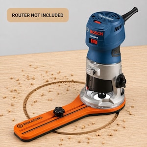 May include: A blue and silver Bosch GKF125CE router attached to an orange ROKATONG circle cutting jig. The tool features a black power cord, a red power switch, and a black adjustment knob. A text box in the corner states ROUTER NOT INCLUDED.