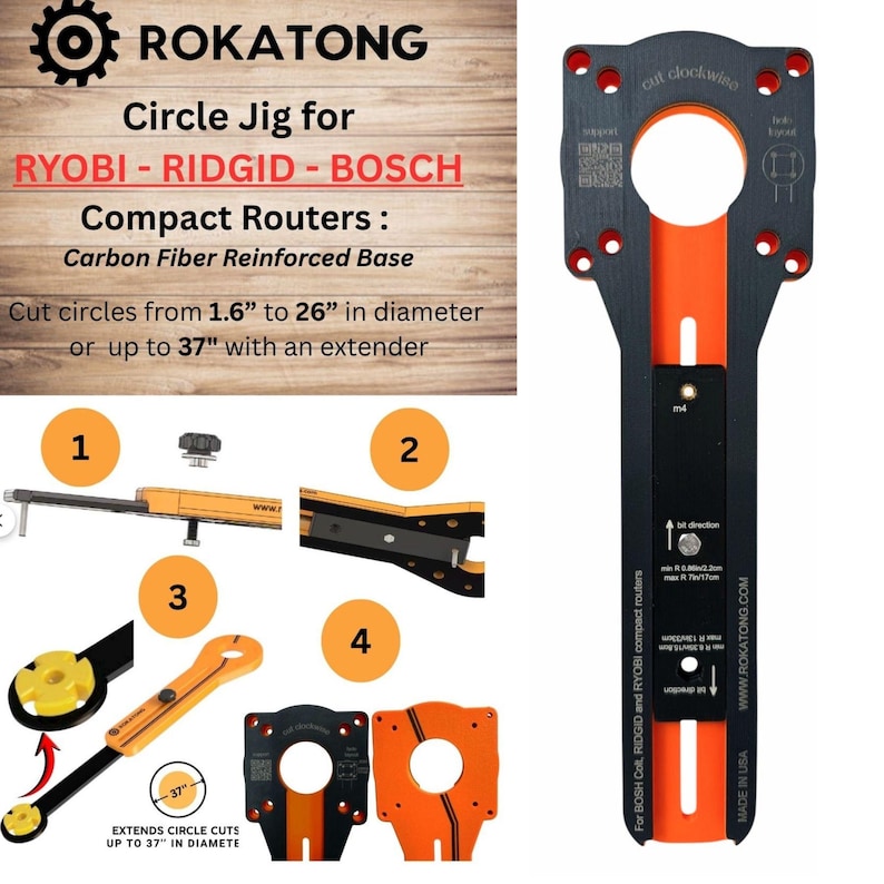 Puede incluir: Una plantilla circular negra y naranja para fresadoras compactas, con el texto "ROKATONG" y "RYOBI - RIDGID - BOSCH". Corta c&iacute;rculos de 4,1 cm a 66 cm de di&aacute;metro, o hasta 94 cm con un extensor. Incluye diagramas.