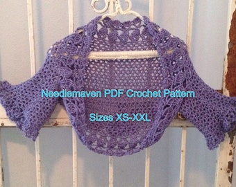 Crochet Sweater PDF Pattern Blueberry Faerie Reversible Flower Sweater Women Teens Bolero Shrug XS-XXL