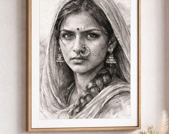 Indian Village Woman Sketch Printable, Black White Portrait, Minimalist Desi Decor