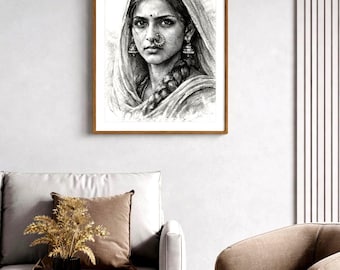 Indian Village Woman Sketch Printable, Black White Portrait, Minimalist Desi Decor
