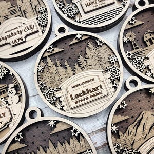 Custom Wood Ornament: Laser-Cut City, State, Park Sign