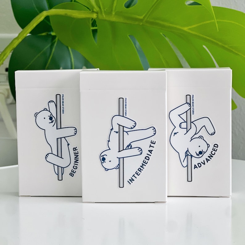 Three white boxes with illustrations of a polar bear on a pole. Each box has a different pose and the words "Beginner", "Intermediate", and "Advanced". The boxes are labeled "Polar Bear Studio".