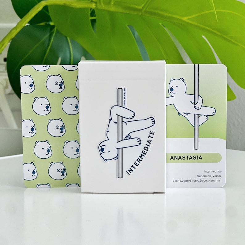 An intermediate deck in a white box with a polar bear on a pole with the word "INTERMEDIATE". The cards beside the box have polar bear illustrations. One of the card examples is a bear in an Anastasia trick.
