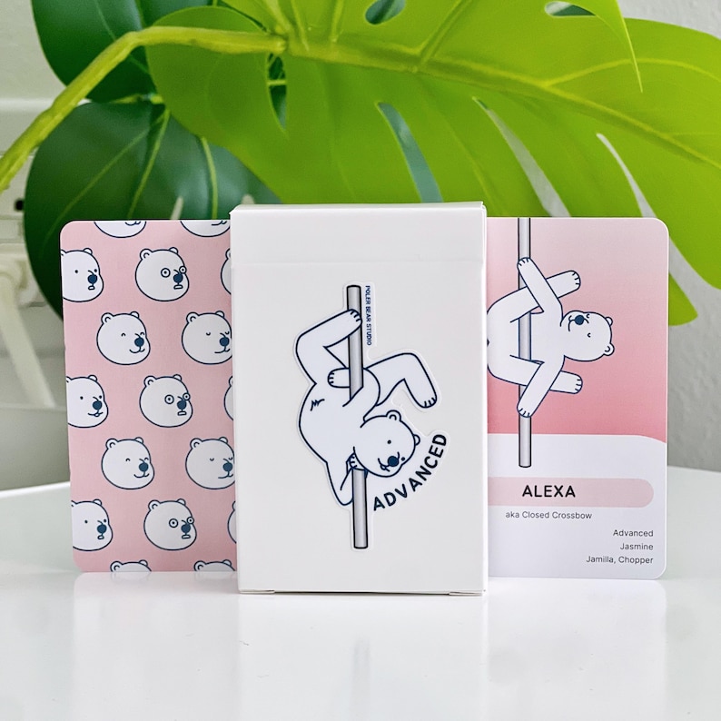 An advanced deck in a white box with a polar bear on a pole with the word "ADVANCED". The cards beside the box have polar bear illustrations. One of the card examples is a bear in an Alexa trick.