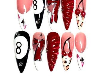 Hand-Painted 8-Ball Cheetah Print Press on Nails | Casino Set