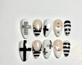 Hand-Painted Cross Stripe Press On Nails | Alternative Set