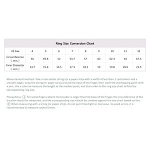 May include: Ring size conversion chart with US sizes 4-12, circumference in mm, and inner diameter in mm. Includes instructions for measuring finger size with a string and precautions for accurate measurements.