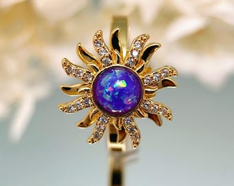 Golden Handmade 18K Gold Sun Ring with Blue Opal & Cubic Zirconia, Spinning Ring, Boho Celestial Jewelry.