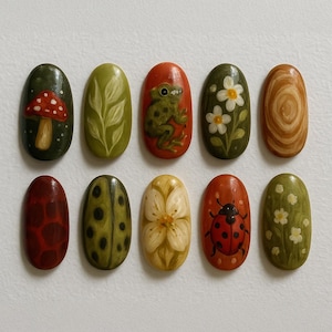 May include: Ten oval nail art designs, each with a unique hand-painted design. The designs include a mushroom, leaves, a frog, flowers, wood grain, and a ladybug. The colour palette features greens, reds, and browns, creating a nature-inspired theme.
