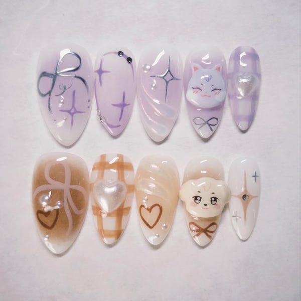 Sandeoki & Tyudeongi Press On Nails, Kpop 3D Heart Nail Set