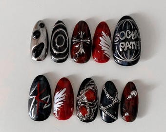 Gothic Rock Press On Nails, 3D Skulls, Silver Chains