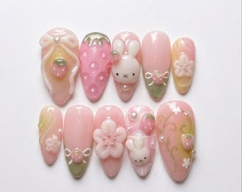 Kawaii Bunny Strawberry Press On Nails, Cute Pastel Rabbit Nail Set, 3D Flower Fruit Nails, Pink Sweet Spring Nails, Handmade Kawaii Nails