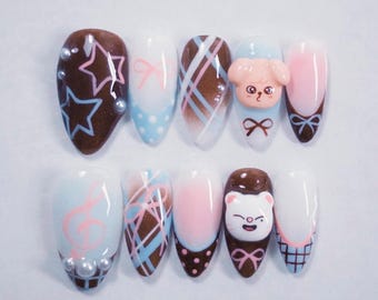 Uñas postizas PuppyM Jiniret hechas a mano, con dijes 3D, set de uñas Kpop pastel