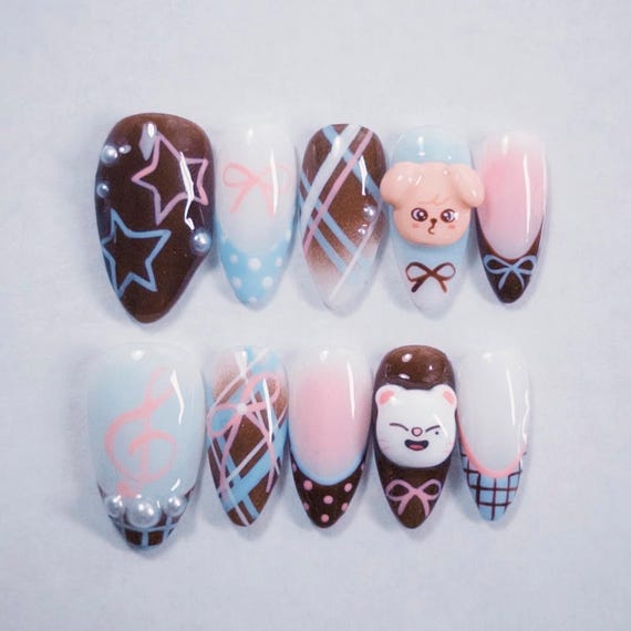 Handmade PuppyM Jiniret Press On Nails, 3D Charms, Pastel Kpop Nail Set