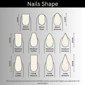 May include: Diagram illustrating various nail shapes, including Short Square (18mm), Short Oval, Short Almond (21mm), Medium Square (25mm), Medium Coffin, Medium Almond (26mm), Medium Stiletto, Long Coffin (30mm), Long Square, Long Almond, and Long Stiletto (33mm).