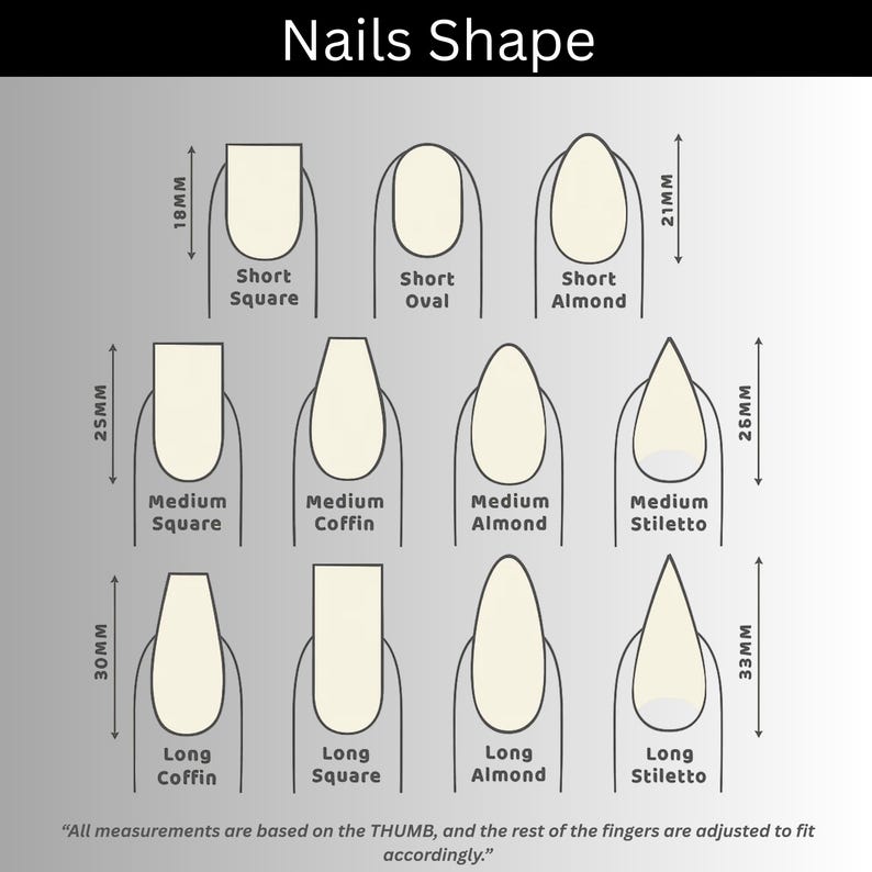 May include: Diagram illustrating various nail shapes, including Short Square (18mm), Short Oval, Short Almond (21mm), Medium Square (25mm), Medium Coffin, Medium Almond (26mm), Medium Stiletto, Long Coffin (30mm), Long Square, Long Almond, and Long Stiletto (33mm).