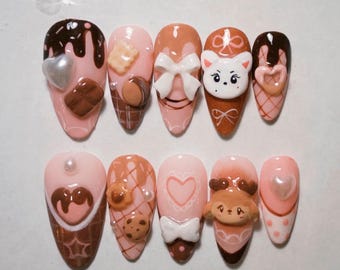 Sweet Dessert Press On Nails, 3D Bow & Character Nail Set