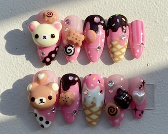 Handmade Rilakkuma Press On Nails: 3D Ice Cream Bear, Kawaii Pink