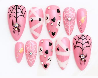 3D Floral Pink Press On Nails: Shimmering Almond Reusable Manicure