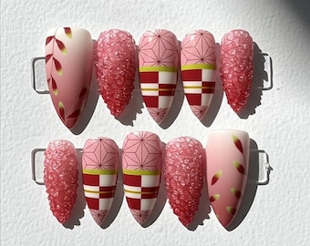 Handmade Demon Slayer Press On Nails, Anime Cosplay Nail Set