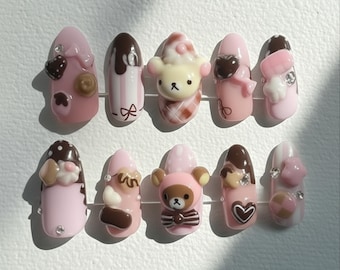 Rilakkuma 3D Press On Nails: Kawaii Chocolate Dessert Set