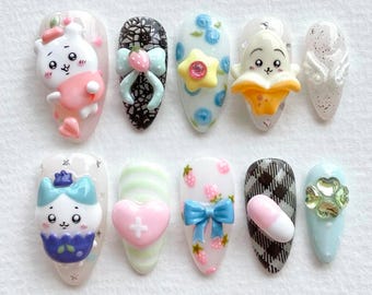 Chiikawa Fruit Party Press On Nails, 3D Bunny Pastel Nail Art