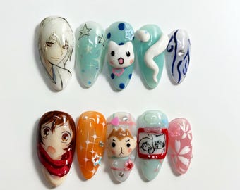 Kamisama Kiss Press On Nails, 3D Anime Nail Art, Handmade Pastel Nails