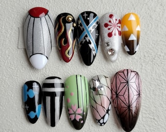 Demon Slayer Press On Nails, Japanese Anime Cosplay Nail Set